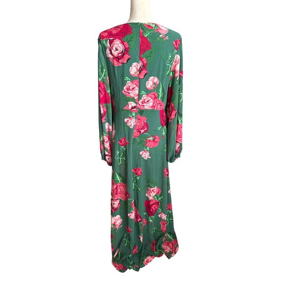 NWT Green Maxi Dress Pink Floral Print Sheer Long Sleeves Neckline Side Slit XL - Picture 4 of 8